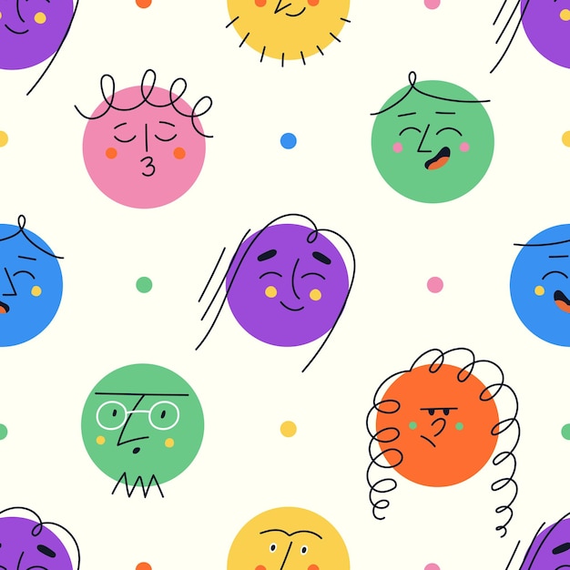 Seamless pattern with colorful round shapes showing different emotions. Funny characters. Modern emoji with happy sad angry smiley faces.