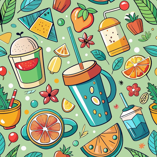 Vector seamless pattern with colorful summer drinks and fruits on a green background