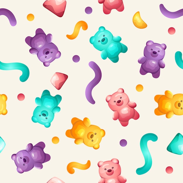 Seamless pattern with colorful sweet jelly bears and gummy fruit candies