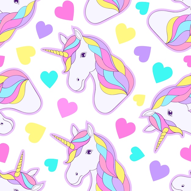 Seamless pattern with colorful unicorns and hearts