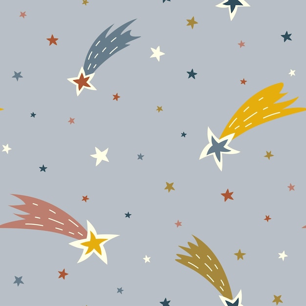 Seamless pattern with comets and stars in cartoon style