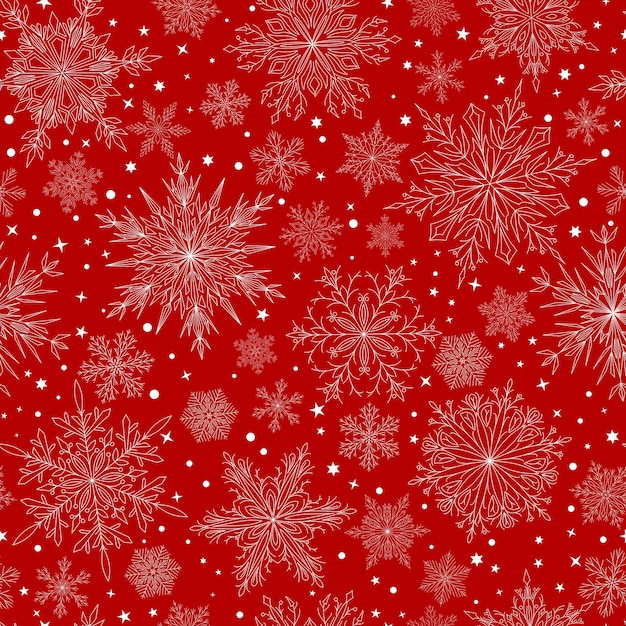 Seamless pattern with complex big and small Christmas snowflakes in red colors Winter background with falling snow