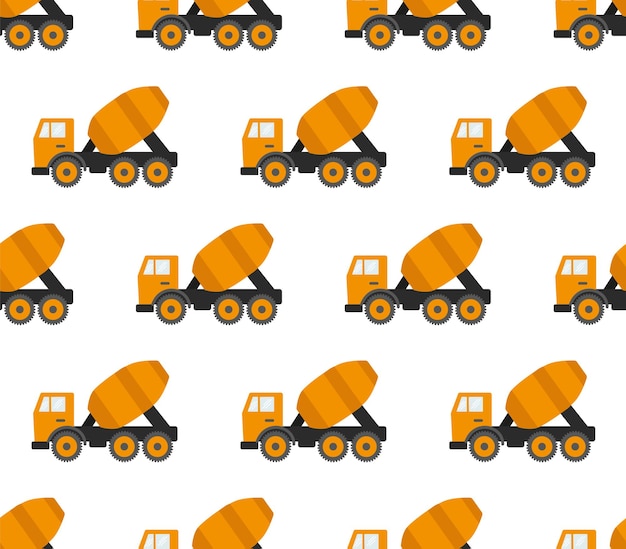 Seamless Pattern With Construction Tracks: Dipper, Bulldozer, Tractor, Excavator, Concrete Mixer. Flat Vector Illustration. eps