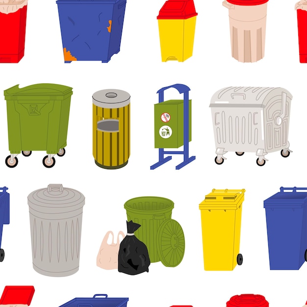 Seamless pattern with Containers for waste disposal Waste sorting Garbage bins Flat style in vector illustration Design for waste collection companies City cleaning Transparent background