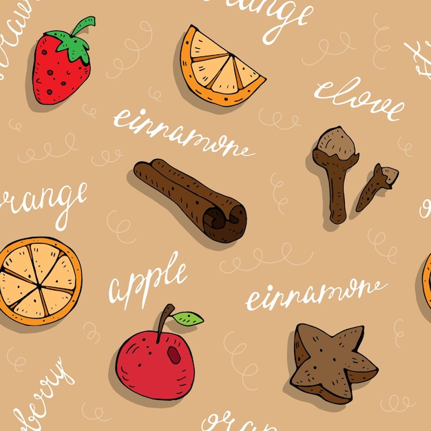 seamless pattern with contours of fruits, berries, spices, and inscriptions