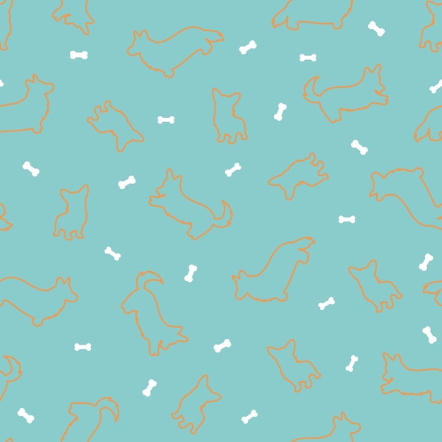 Seamless pattern with corgi golden outline silhouette on a turquoise background