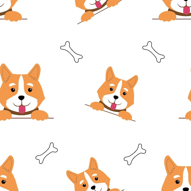 Seamless pattern with corgi heads and bones Vector white background with cheerful pets Cute hand drawn style Perfect for a blog pet store website packaging or children's textiles