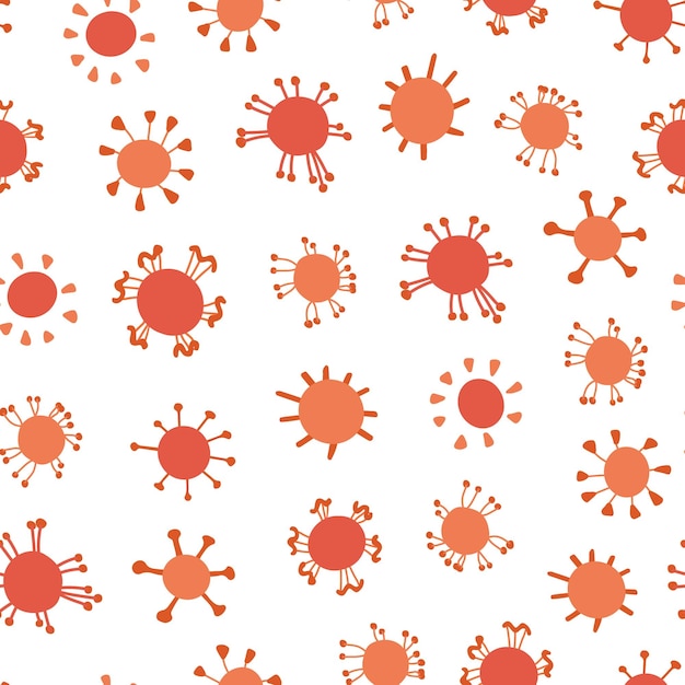 Seamless pattern with coronaviruses in hand drawn flat style on white background