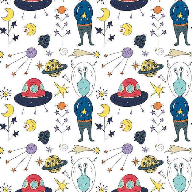 Seamless pattern with cosmos doodle illustrations