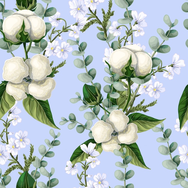 Seamless pattern with  cotton flowers, eucalyptus branches