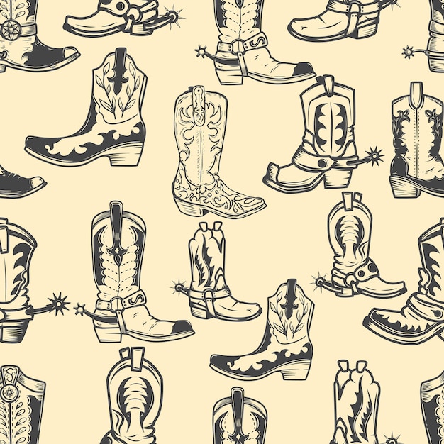 Seamless pattern with cowboy boots Design element for poster card banner clothes decoration Vector illustration