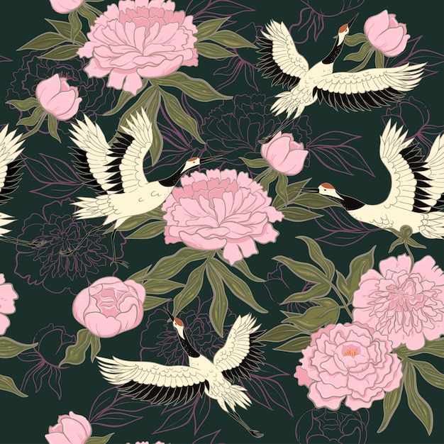 Seamless pattern with cranes and peonies. 