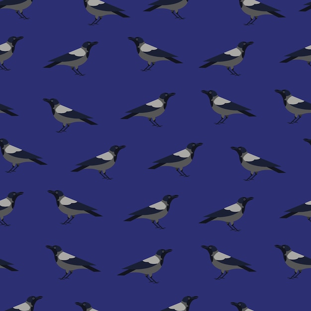 Vector seamless pattern with crows on dark background. backdrop with adorable city birds or avians. colorful vector illustration in modern flat geometric style for wrapping paper, wallpaper, textile print.