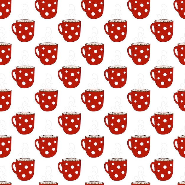 Seamless pattern with a cup. Red mug with hot drink. Cup with a pattern of circles. Flat illustratio