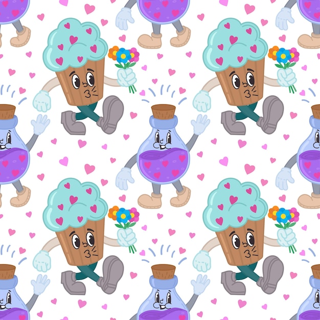 Seamless pattern with cupcakes love potion and heartsCartoon characters in retro style of the 30s