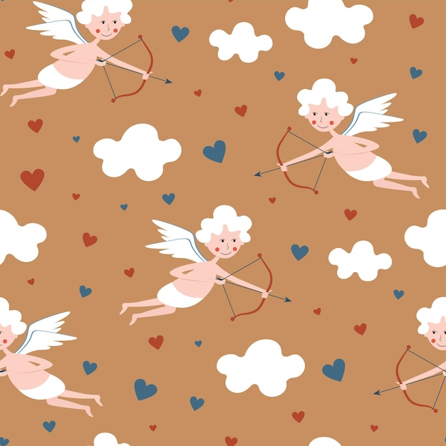 Seamless pattern with cupids and hearts