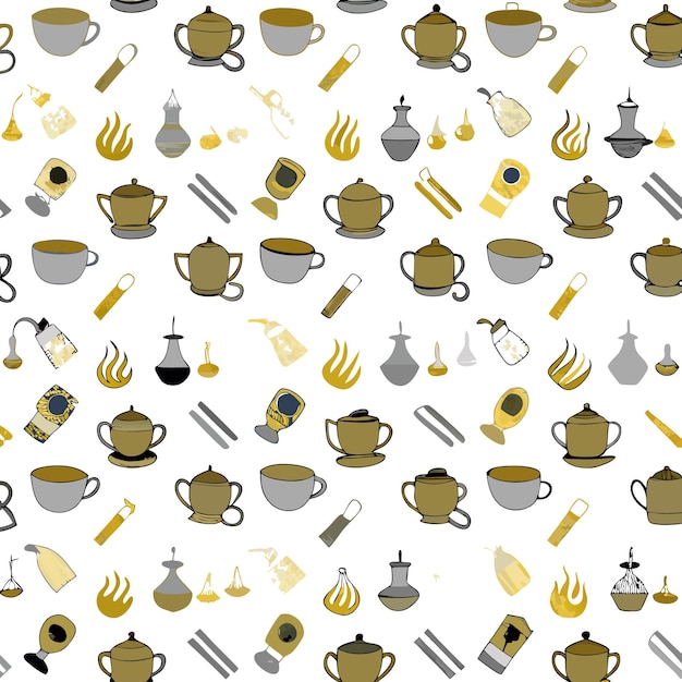 Vector seamless pattern with cups teapots and tea bag