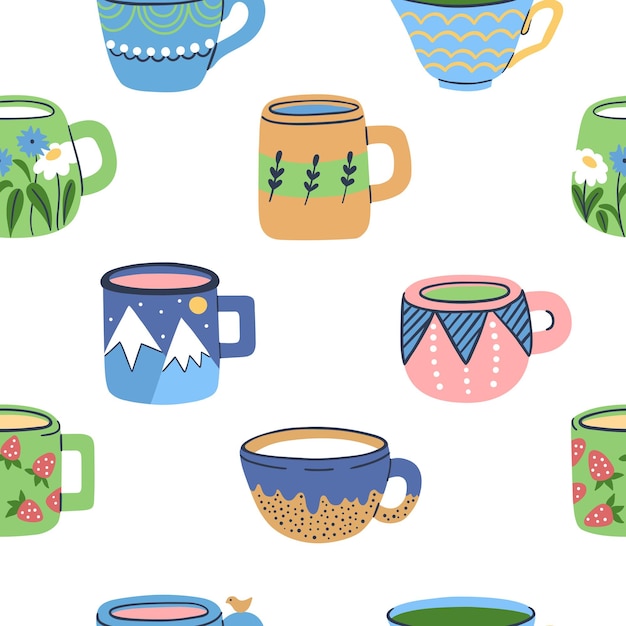 Seamless Pattern with cups with tea or coffee Handmade ceramic cups and mugs