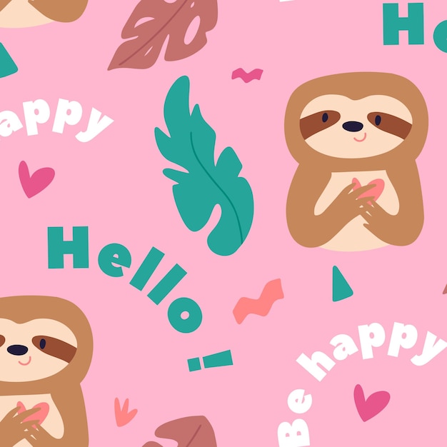 Seamless pattern with cute African baby sloth animals and leaves design