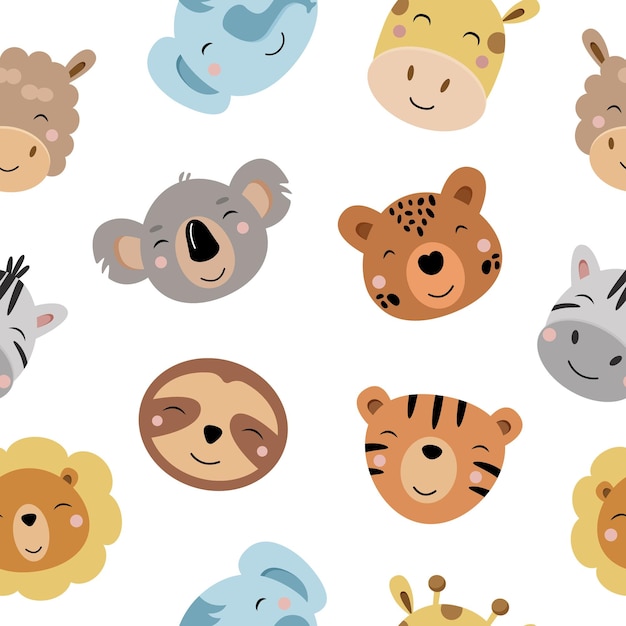 Seamless pattern with cute animal characters Funny elephant giraffe alpaca lion tiger leopard zebra koala Children pattern Faces of wild animals Vector illustration on white background