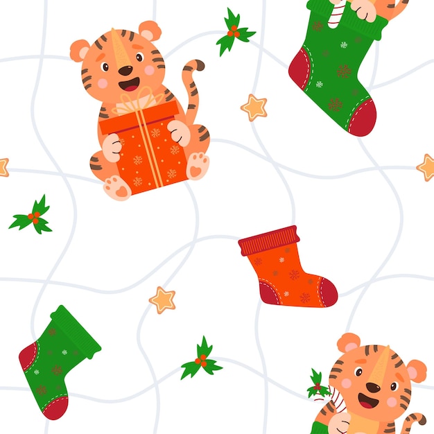 Seamless pattern with cute animal tiger and New Years decor gift  with Christmas socks