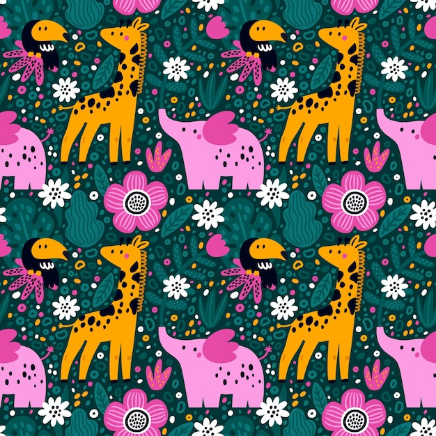 Seamless pattern with cute animals giraffe palm green leaves jungle exotic flowers Creative abs