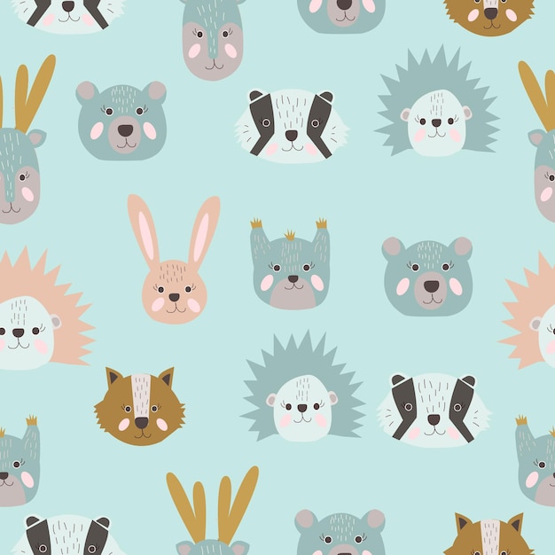 Seamless pattern with cute animals head Vector hand drawn illustration