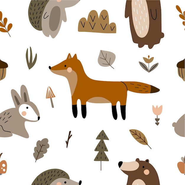 Seamless pattern with cute animals hedgehog hare bear fox and gifts of nature Vector illustration isolated on white background in warm colors