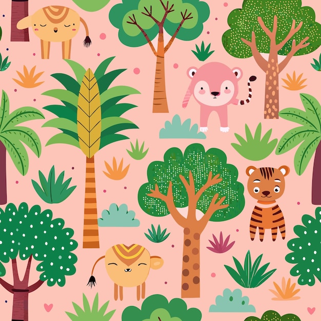 Vector seamless pattern with cute animals and trees on pink background