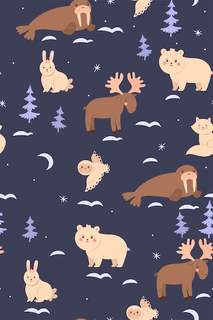 Seamless pattern with cute arctic animals.  