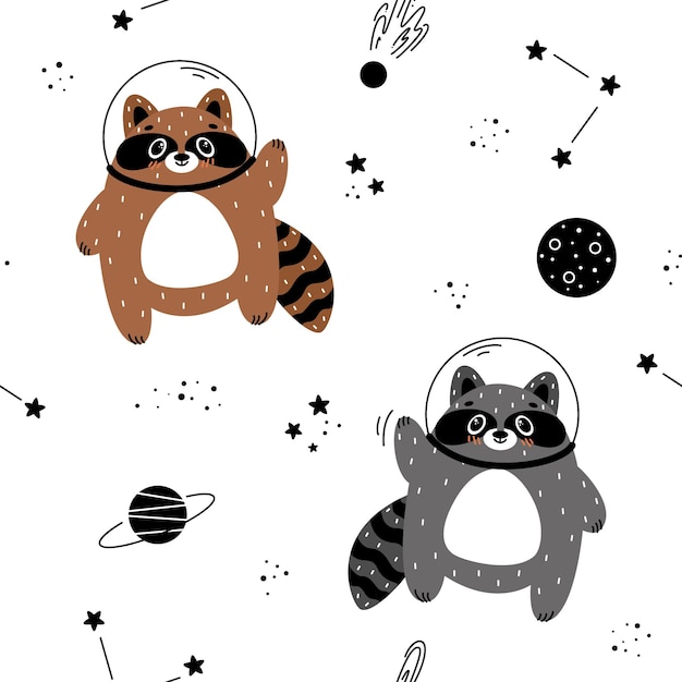 Seamless pattern with cute astronaut and set of space elements planets stars constellations