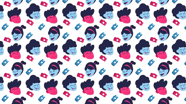 Seamless pattern with cute avatar head with camera for children print.