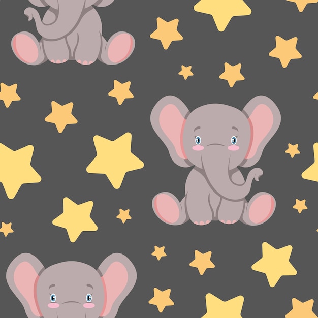 Seamless pattern with cute baby elephant with stars. Kids textile design in flat stile