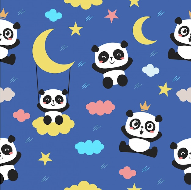 Seamless pattern with a cute baby panda character.