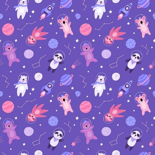 Seamless pattern with cute bear astronauts in space planets stars rocket and constellation Scandinavian style flat design Brown polar and panda bear sloth and koala