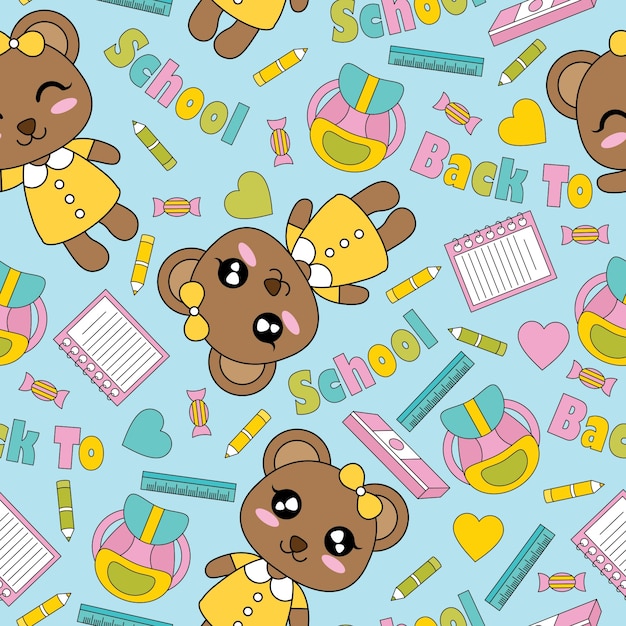 Seamless pattern with cute bear girls, books, and pencils on blue background vector cartoon suitable for kid wallpaper design, scrap paper and kid fabric clothes background