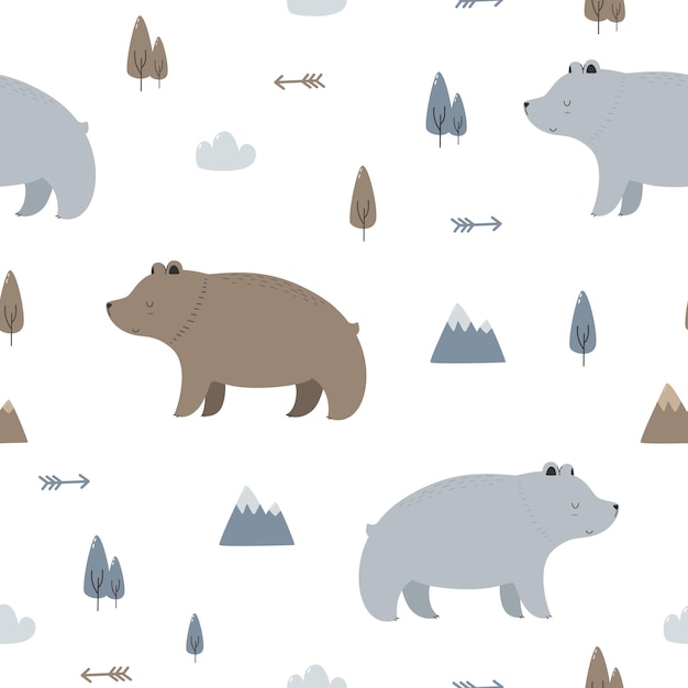 Seamless pattern with cute bear with mountain and tree cartoon flat design on white background