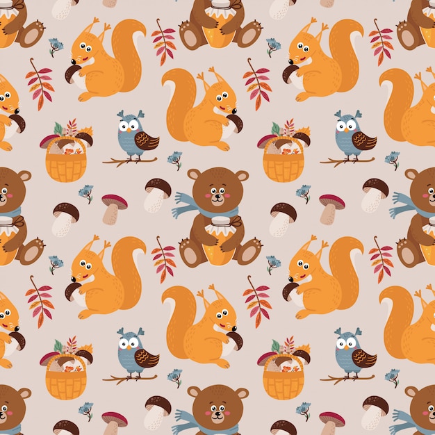 Seamless pattern with cute bears, squirrels, owls