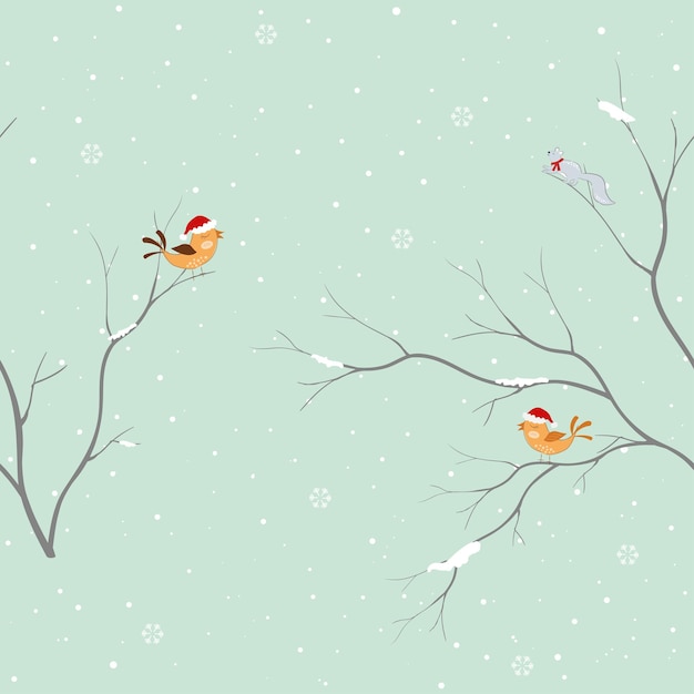 Seamless pattern with cute birds on winter background