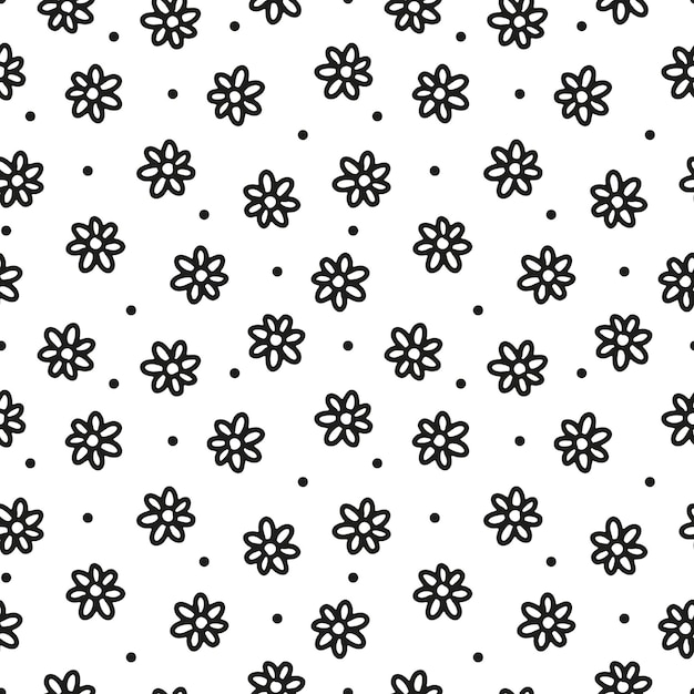 Seamless pattern with cute black flowers and dots