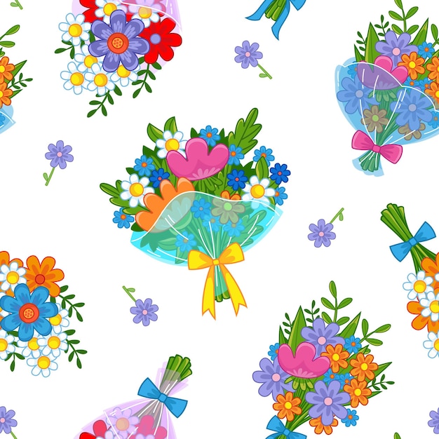 Seamless pattern with cute bouquets of flowers on a white background Spring decor Vector