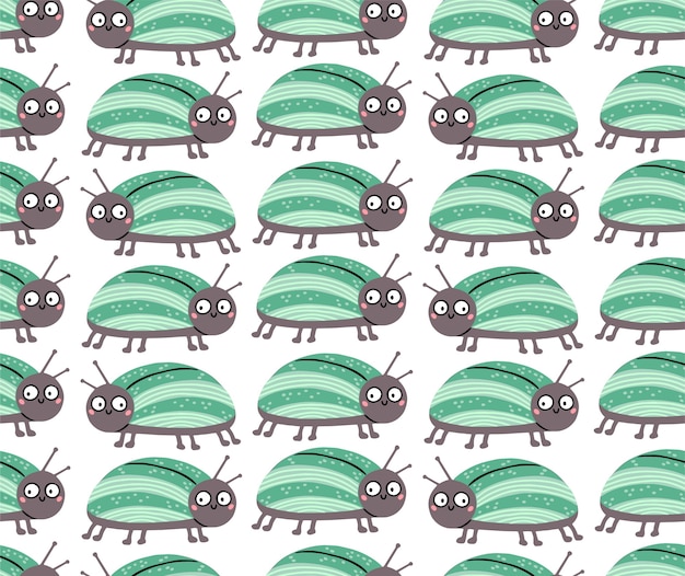 Vector seamless pattern with cute bug with funny surprised eyes.