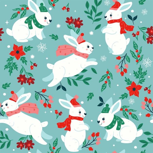 Seamless pattern with cute bunnies in scarves and hats Vector graphics