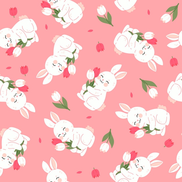 Seamless pattern with cute bunnies and tulips on a pink background Vector graphics