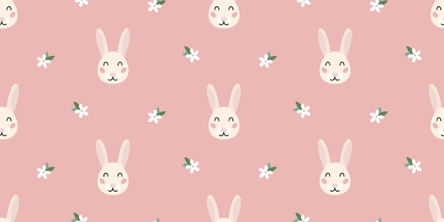 Seamless pattern with cute bunny rabbit and spring flower Pink background for easter nursery