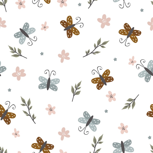 Seamless pattern with cute butterflies flying insects Simple naive vector illustration for textile print wallpaper wrapping paper