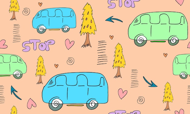 Seamless pattern with cute car and stop writing zebra crossing trees and hearts