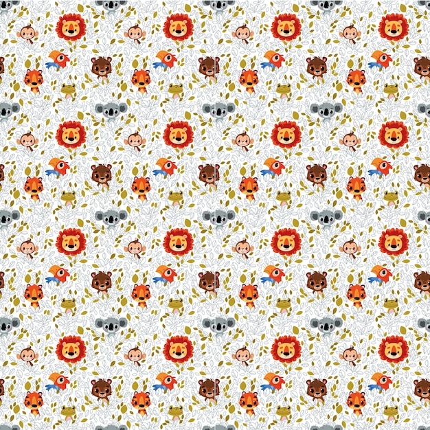 Seamless pattern with cute cartoon animals Lion bear koala frog tiger parrot monkey portrait