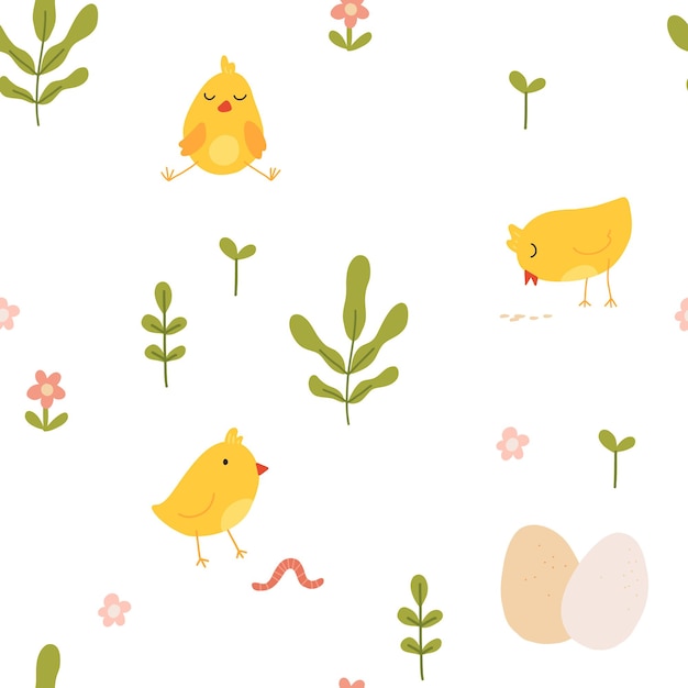 Seamless pattern with cute cartoon chicks Easter festive illustration Cute lovely family of domestic fowl or poultry birds Childish flat cartoon vector illustration