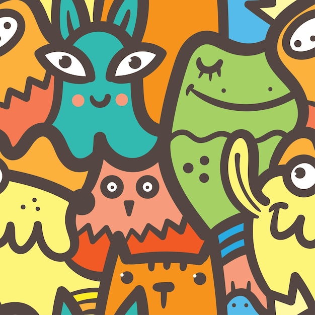 Seamless pattern with cute cartoon creatures on colorful background Funny cartoon animals print Doodle monster poster